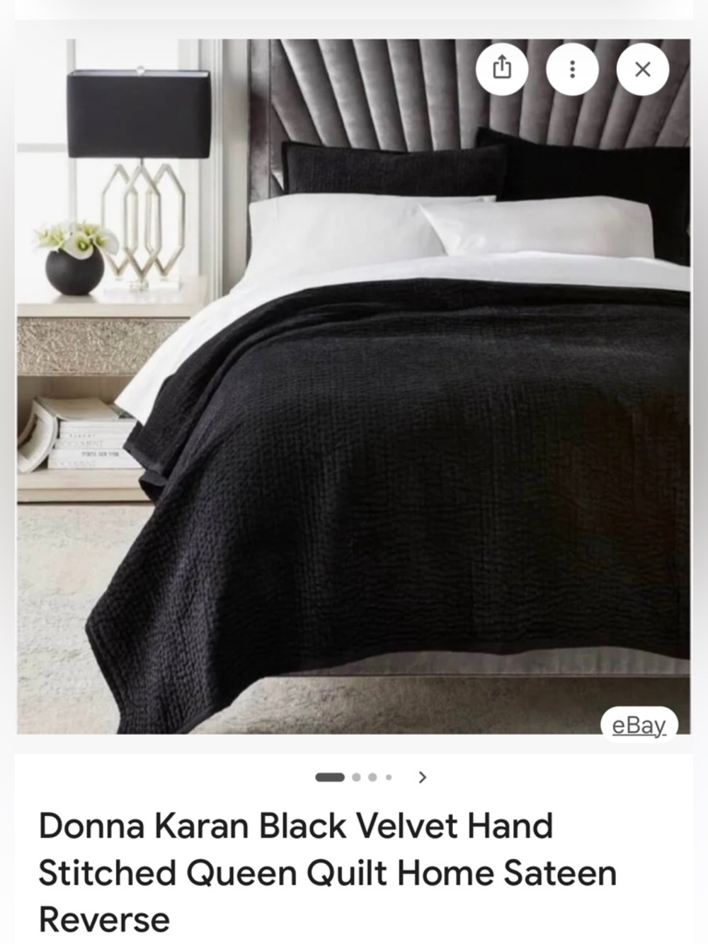 Donna Karan Black Velvet Hand-Stitched Queen Quilt and two pillow covers.